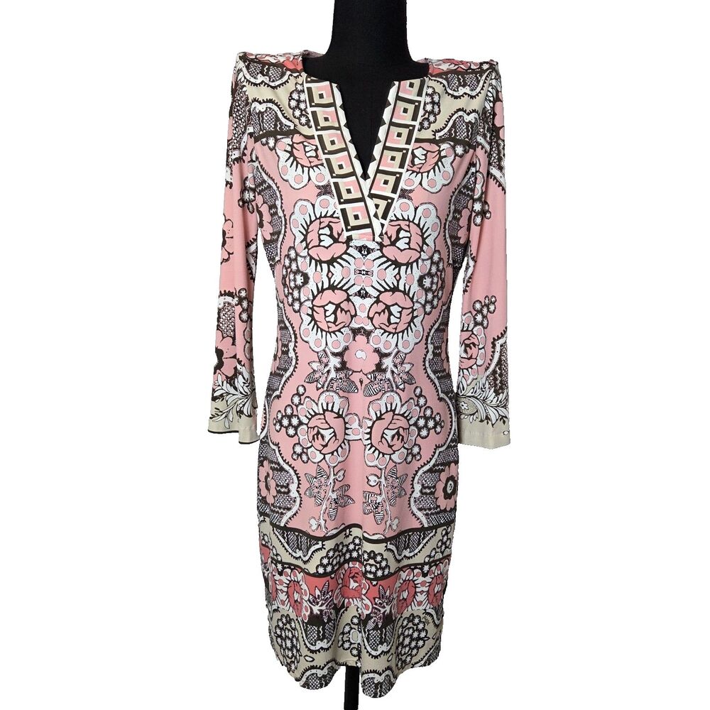 Hale Bob Dress XS Small Paisley Pink Brown Neutral 3/4 Long Sleeve Colorful